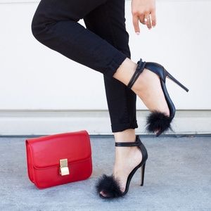 Top Shop black heels with faux feather detailing